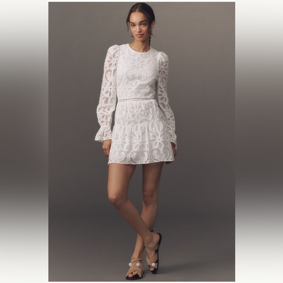 NWT SAYLOR Anthropologie Marilla Long-Sleeve Eyelet Lace Mini Dress white medium - Picture 1 of 12